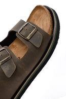 Men's Khaki Double Buckle Nubuck Leather Slippers | Derimod