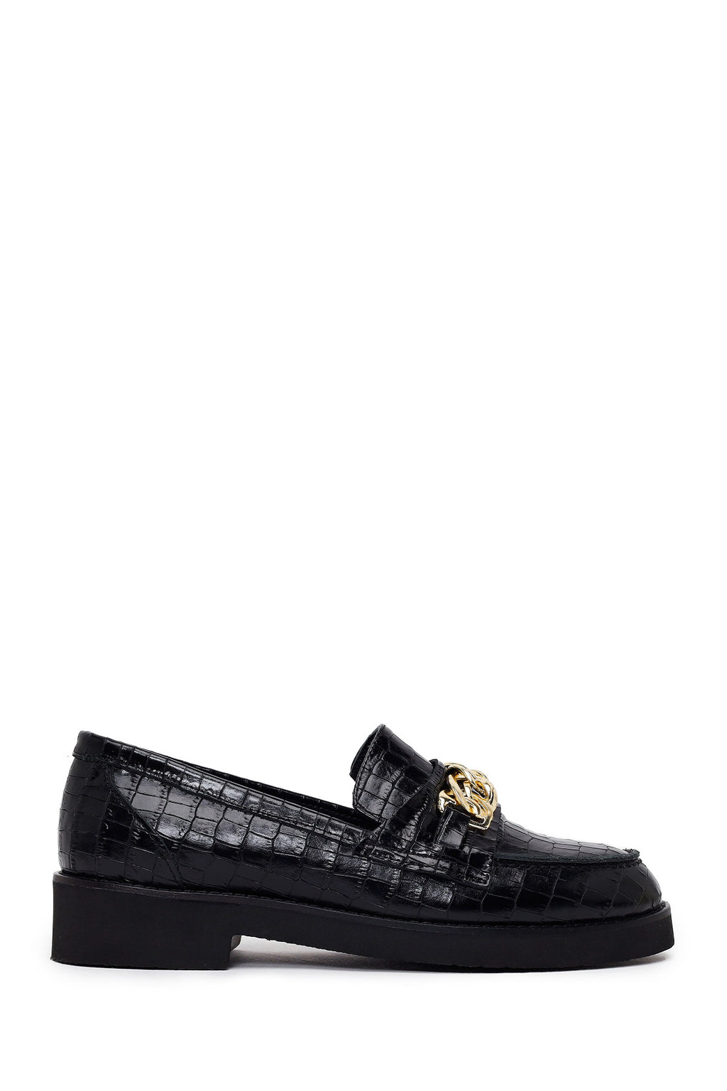 Kadın Siyah Kroko Desenli Zincir Detaylı Deri Maskülen Loafer