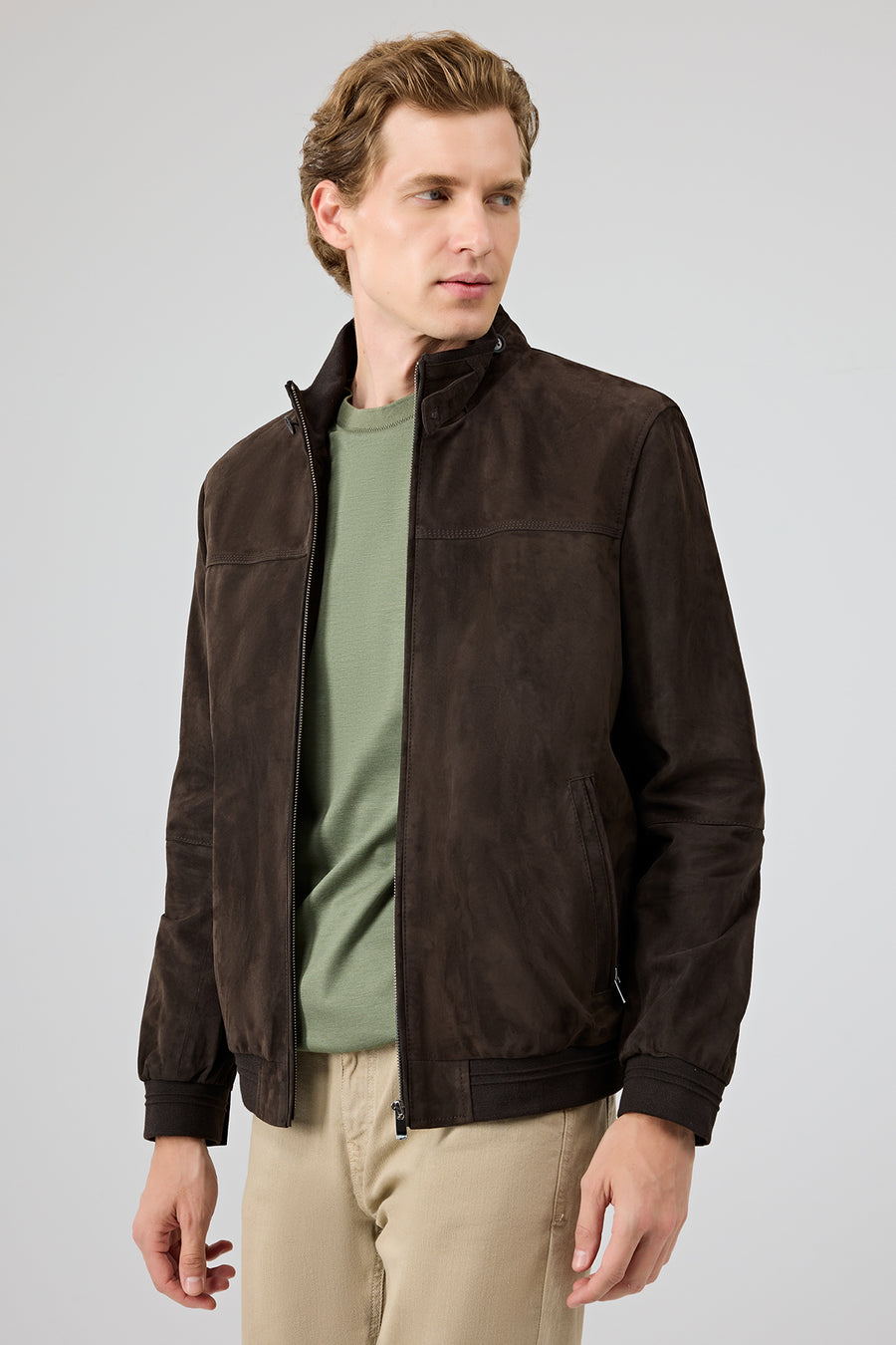 Marcelo Men's Brown Mandarin Collar Suede Leather Jacket