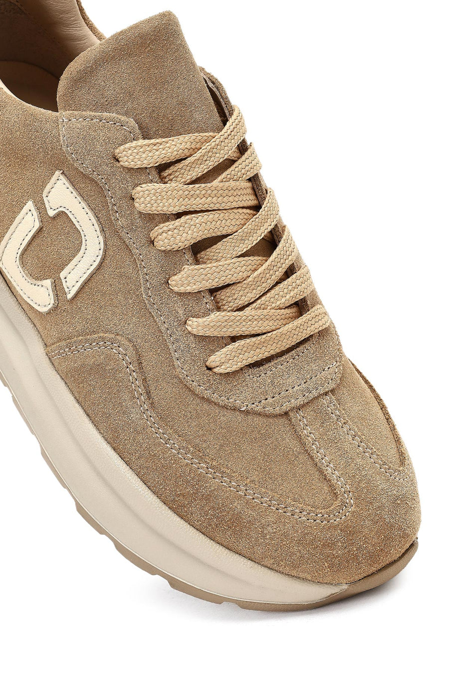Kadın Bej Bağcıklı Kalın Tabanlı Süet Deri Sneaker