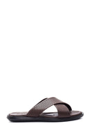 Men's Brown Leather Slippers with Knit Detail | Derimod
