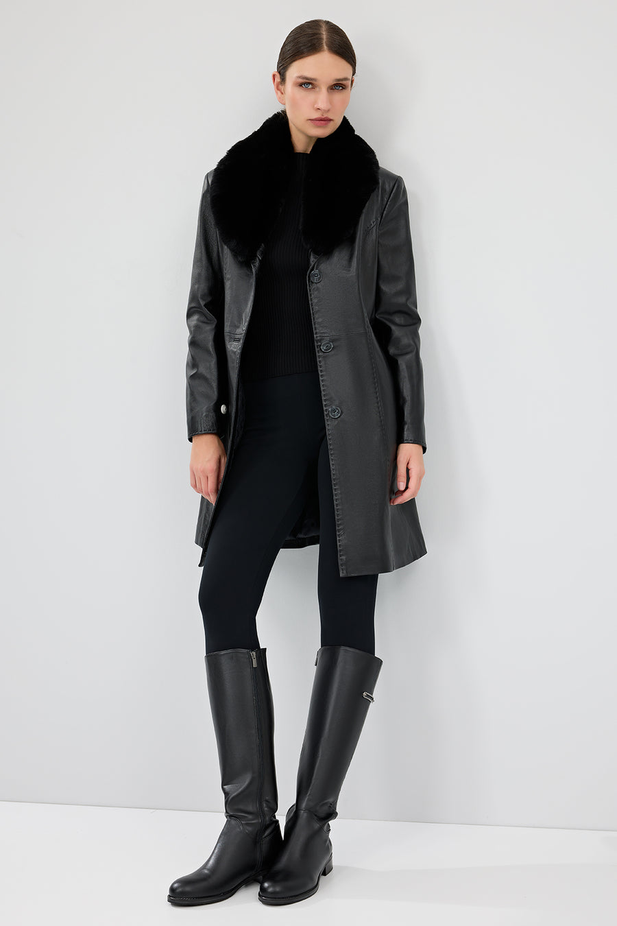 Christina Women's Black Fur Long Leather Coat