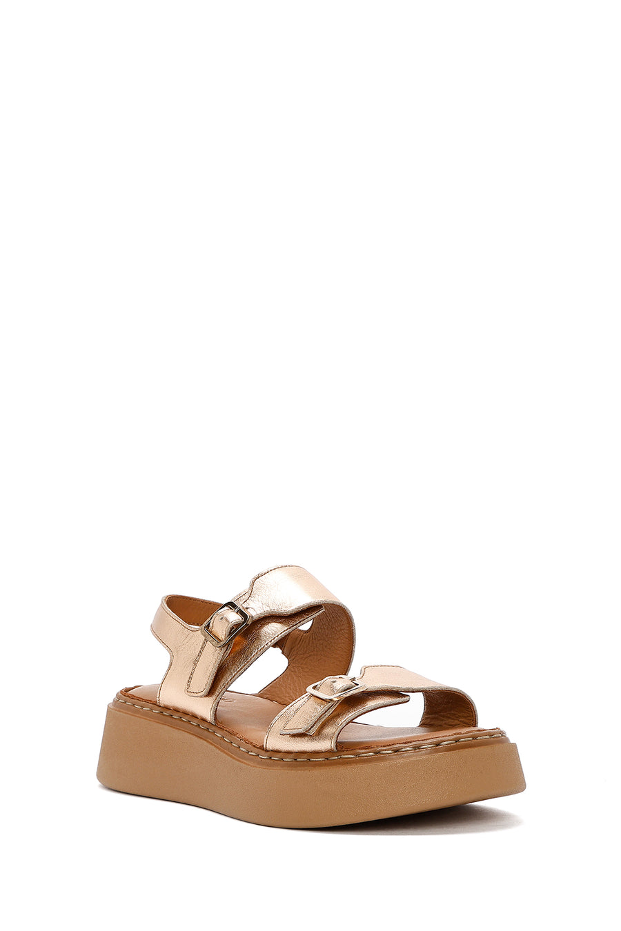 Women's Bronze Buckled Thick Soled Metallic Leather Comfort Sandals