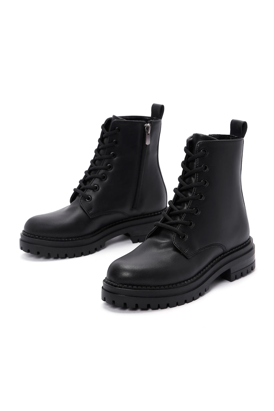 Women's Black Lace-Up Zipper Detailed Combat Boots