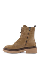 Women's Brown Suede Leather Zippered Flat Boots | Derimod