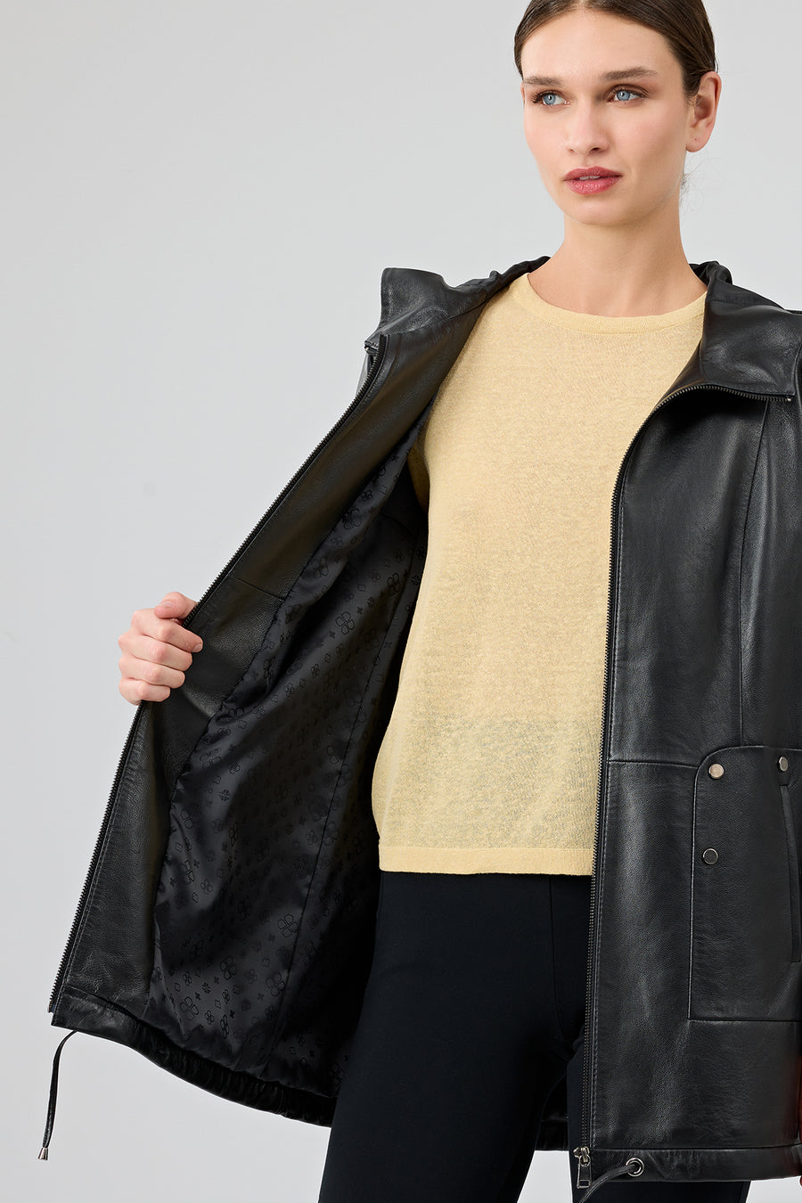 Cindy Women's Black Hooded Leather Coat