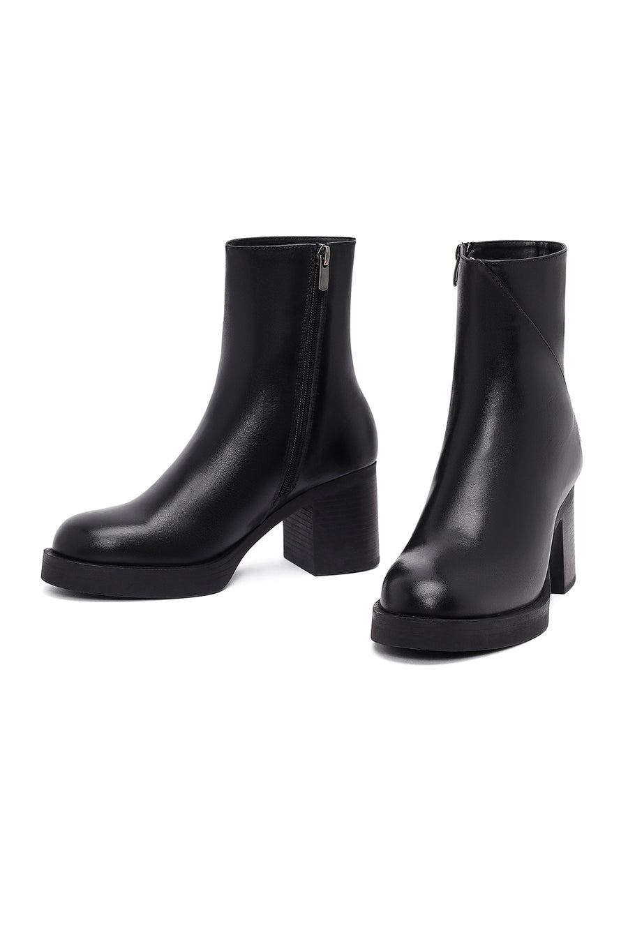 Woman Black Zip Closure Thick-Heeled Leather Boots