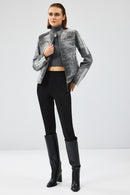 Sporty Women's Gray Short Nubuck Leather Sports Jacket | Derimod