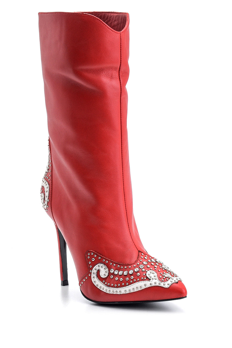 Women's Stone and Stud Detailed Leather Boots