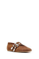 Women's Tan Double Buckled Suede Leather Ballerinas | Derimod