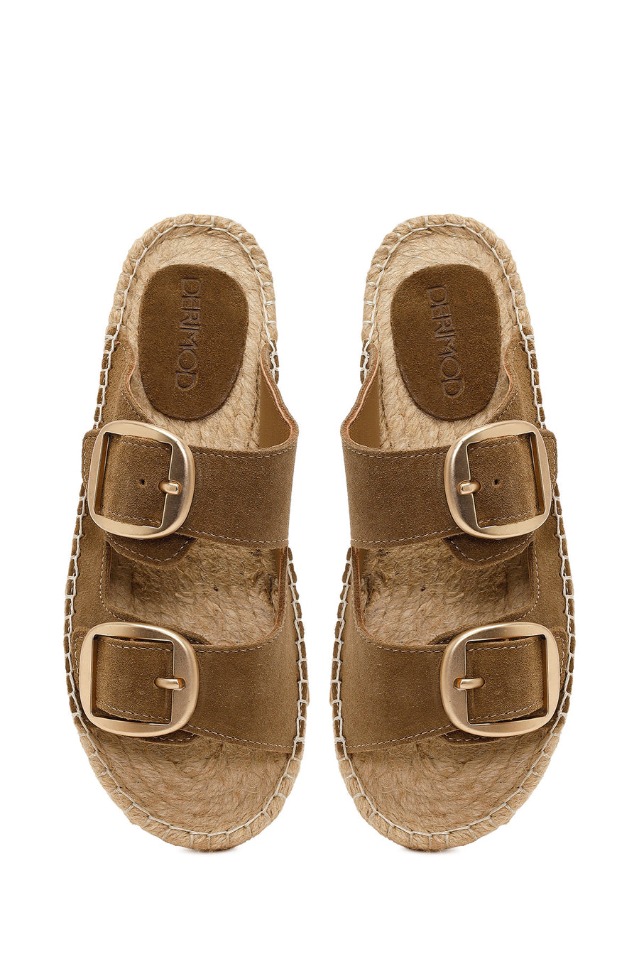 Women's Brown Buckled Suede Leather Espadrille Slippers