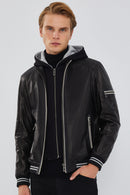 Tatum Men's Black Hooded Sports Leather Coat | Derimod