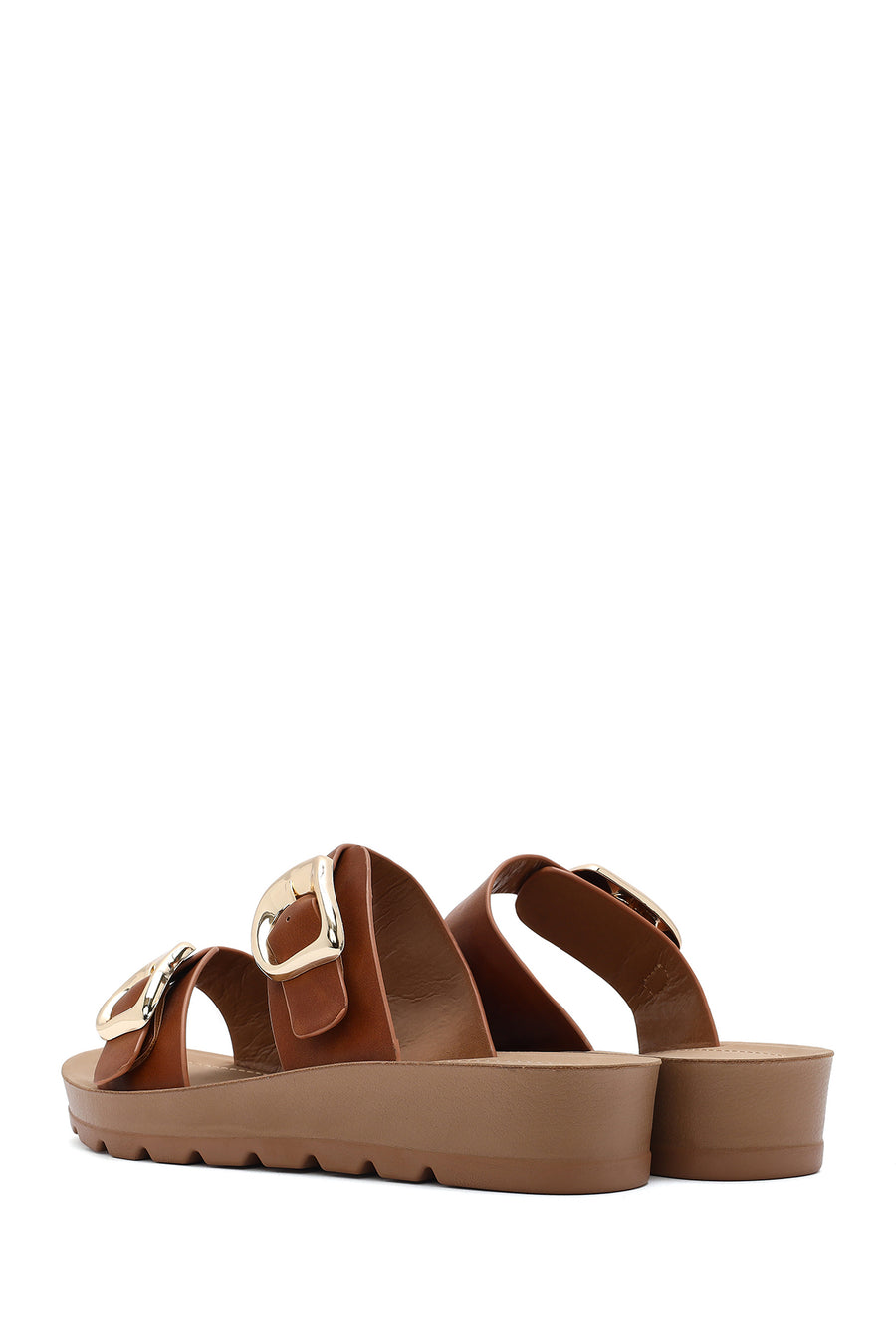 Women's Brown Double Buckled Thick Soled Slippers