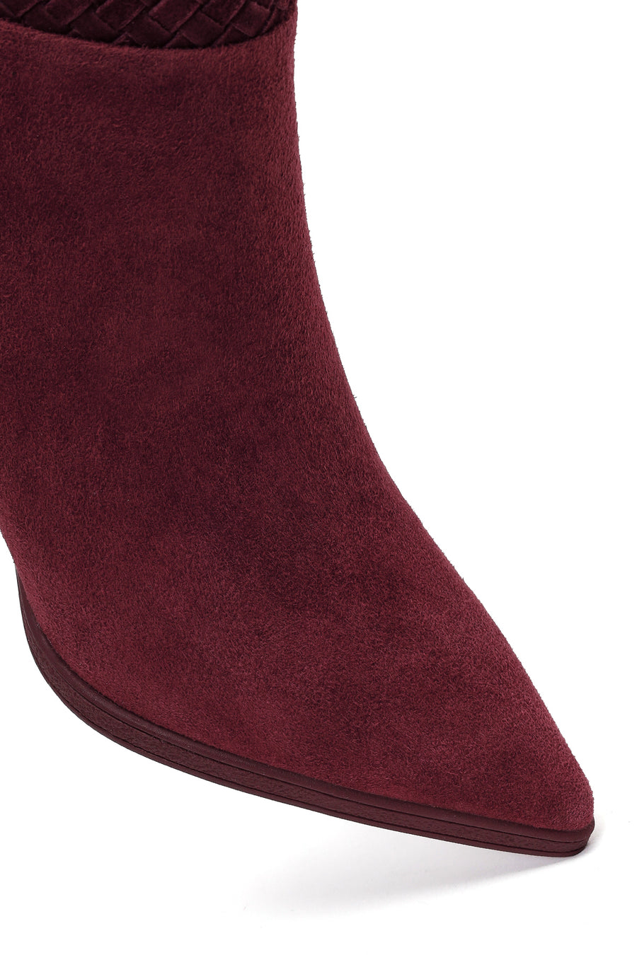 Woman Burgundy Zip Closure Braided Slim-Heeled Suede Boots
