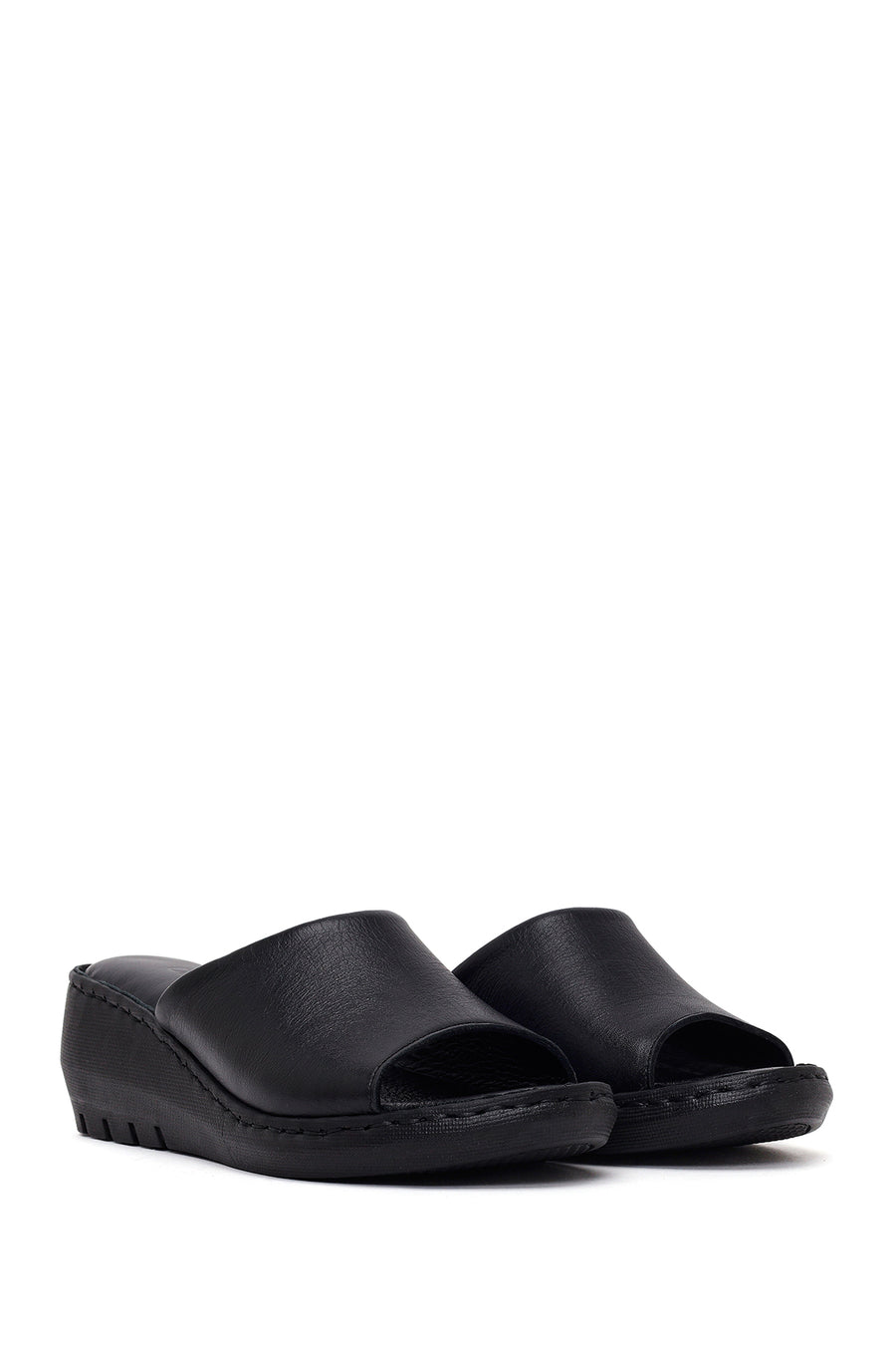 Woman Black Wedge Heel Leather Comfort Slipper