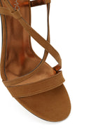 Woman Tan Ankle-Buckle High Thin-Heel Suede Sandal | Derimod