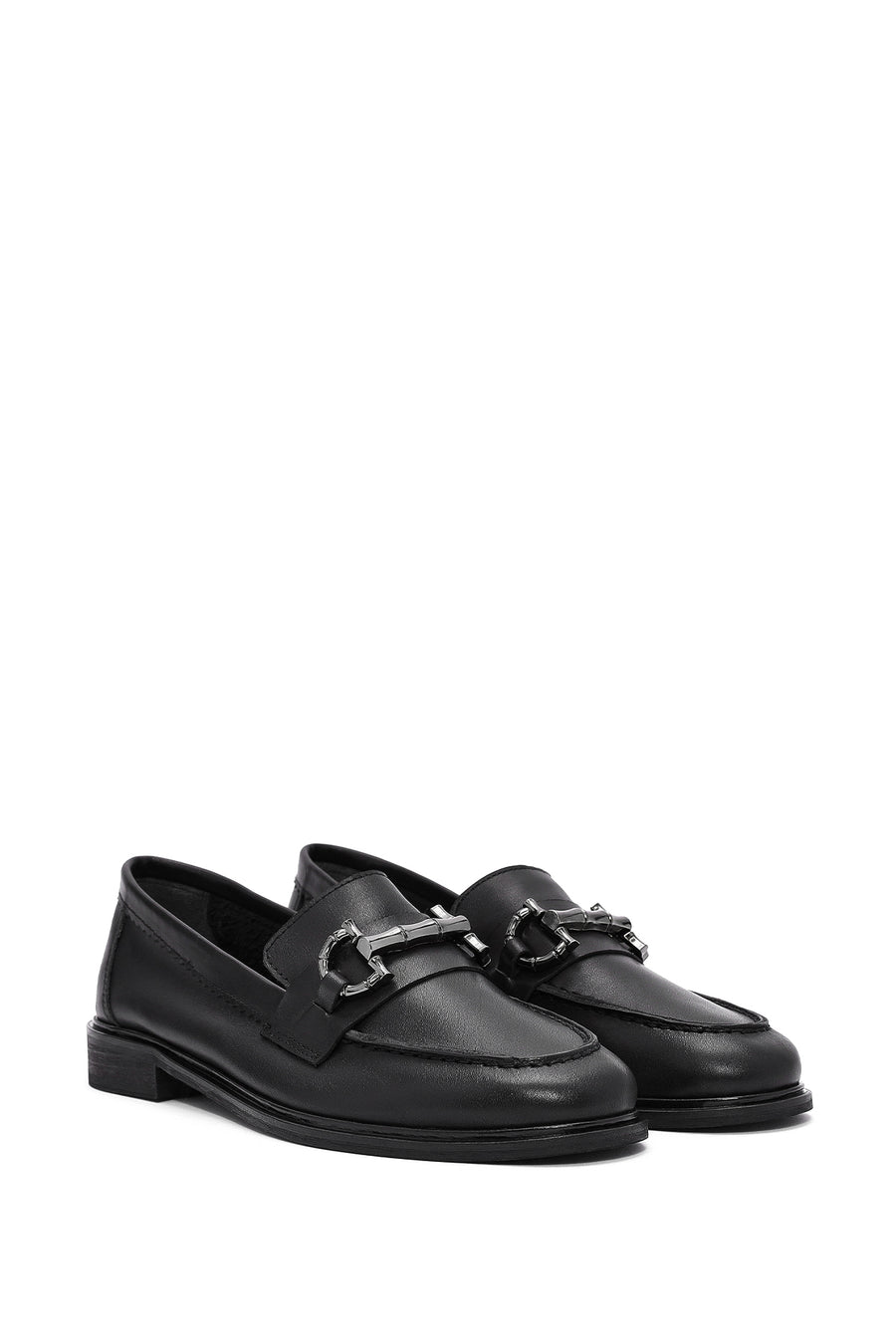 Women's Black Buckle Detailed Leather Masculine Loafer