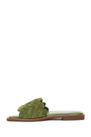 Women's Green Suede Leather Knitted Flat Slippers | Derimod