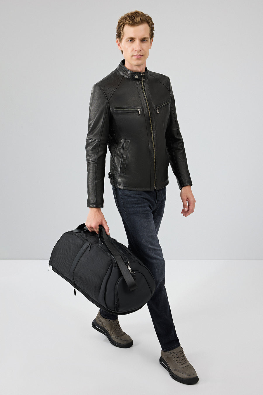 Jefferson Men's Black Stand Collar Slim-Fit Leather Jacket