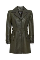 Rhoda Women's Khaki Collar Fur Belt Detailed Leather Coat | Derimod