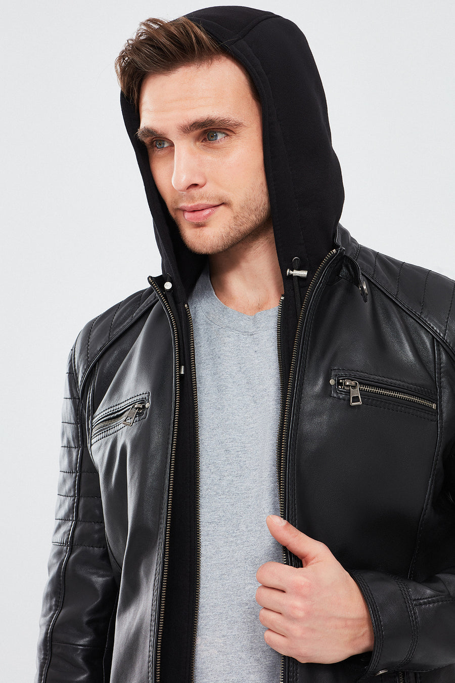 Sergio Men's Black Hooded Sports Leather Coat