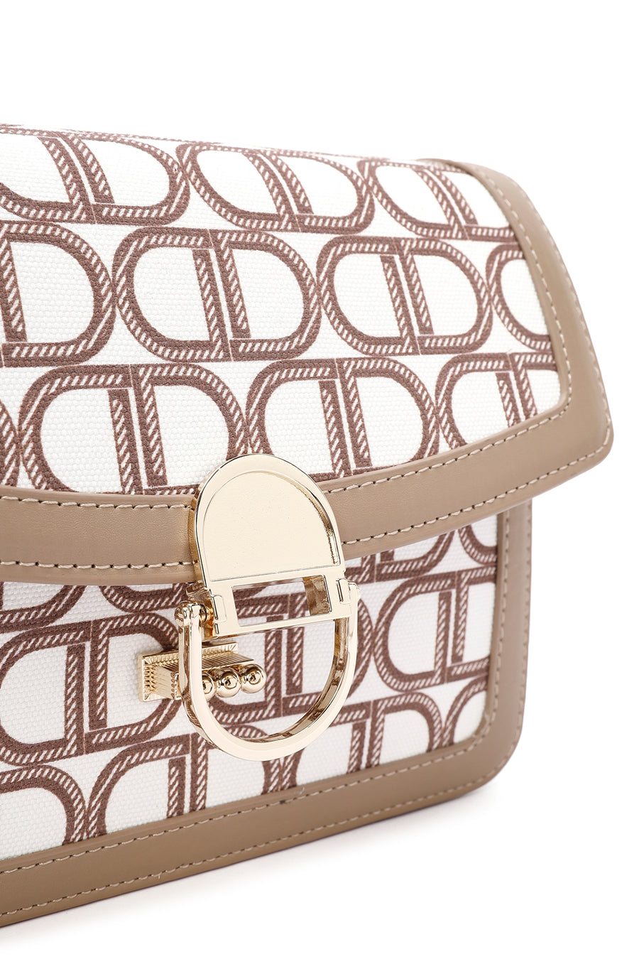 Women's Beige Long Strap Fabric Monogram Patterned Crossbody Bag