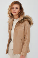 Monica Women's Beige Hooded Leather Coat with Fur Collar | Derimod