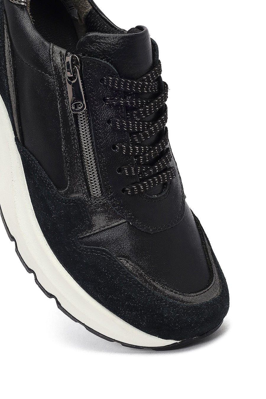 Kadın Siyah Bağcıklı Fermuar Detaylı Dolgu Topuklu Deri Sneaker