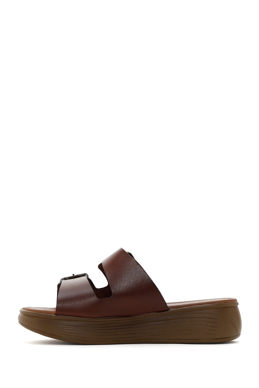 Women's Brown Thick Sole Buckle Leather Slippers