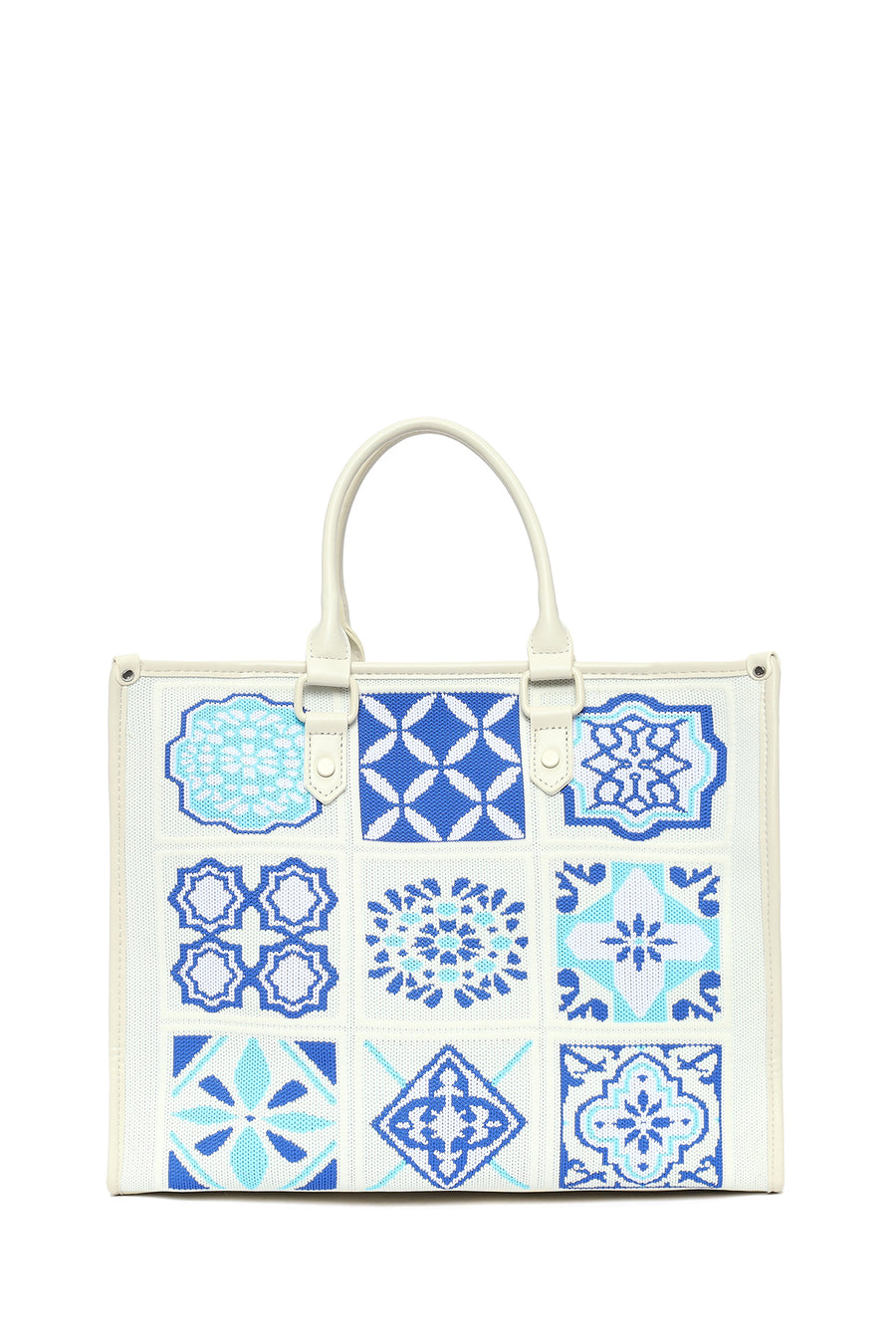 Woman Blue Long Strap Patterned Fabric Shoulder Bag
