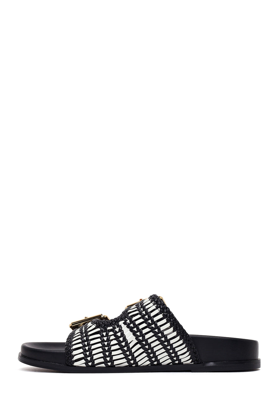 Woman Black Double-Buckle Braided Slipper