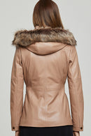 Lavinia Women's Beige Hooded Fur Leather Coat | Derimod