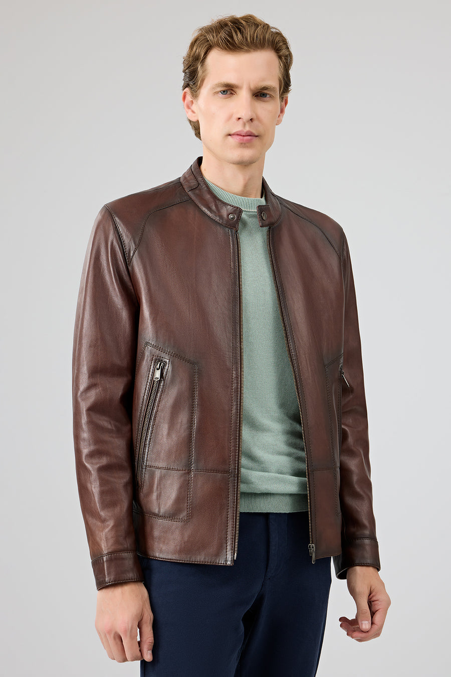 King Men's Brown Stand Collar Leather Jacket