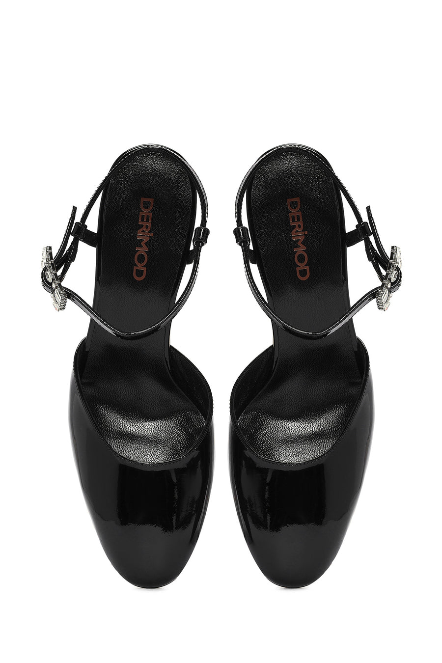 Women's Black Ankle Strap Stoned Thick Heel Leather Shoes