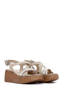 Women's Beige Ankle Strap Wedge Heeled Leather Comfort Sandals | Derimod