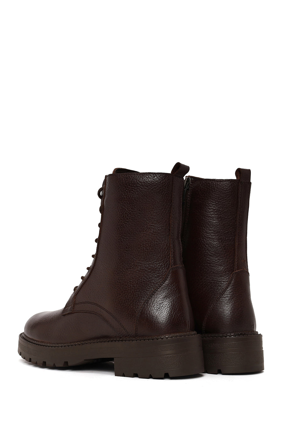 Woman Brown Zip Closure Thick-Soled Leather Combat Boots
