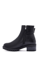 Women's Black Zippered Buckle Detailed Leather Boots | Derimod