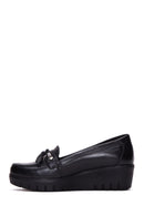 Women's Black Leather Wedge Heeled Loafer | Derimod