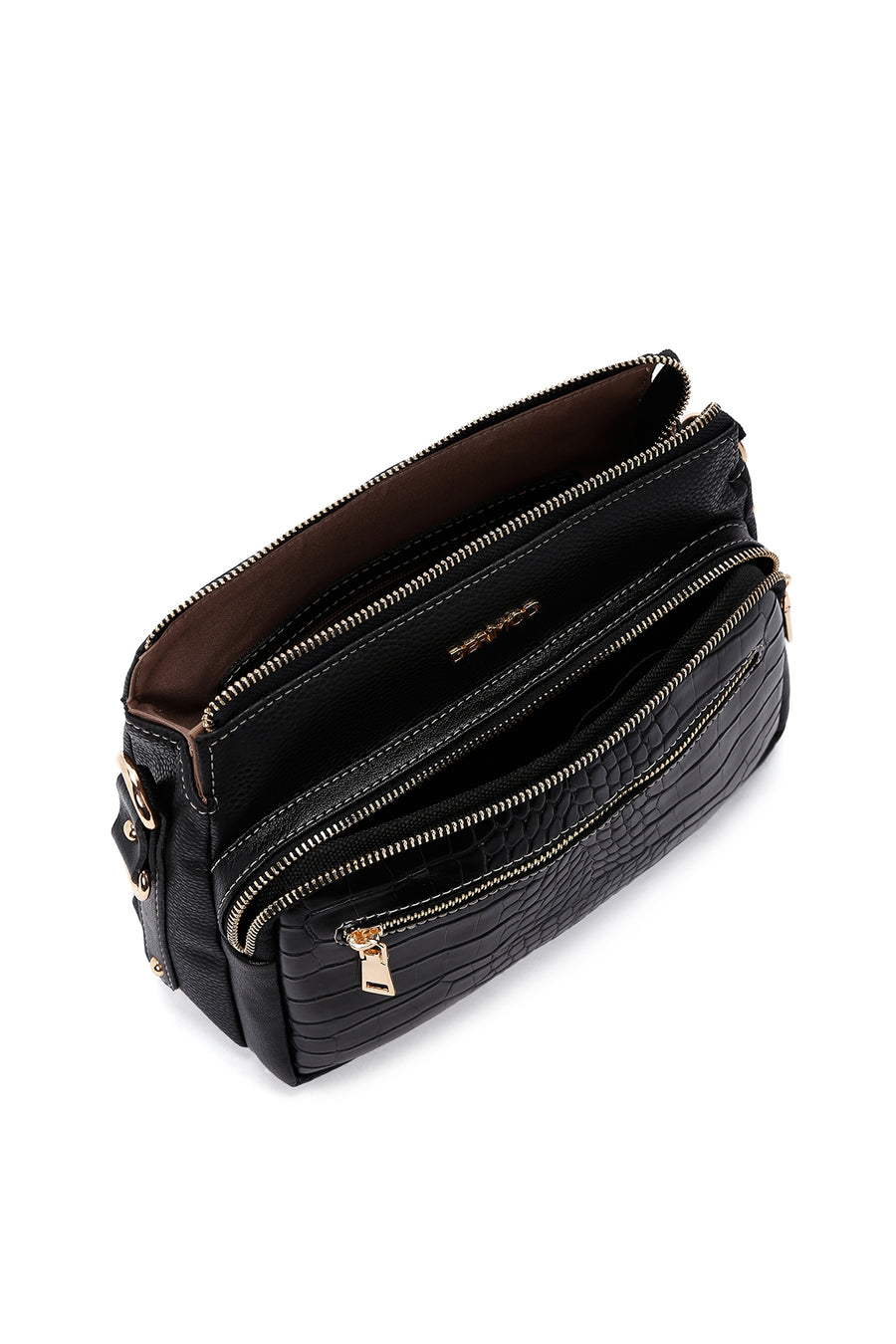 Women's Black Long Strap Patterned Crossbody Bag