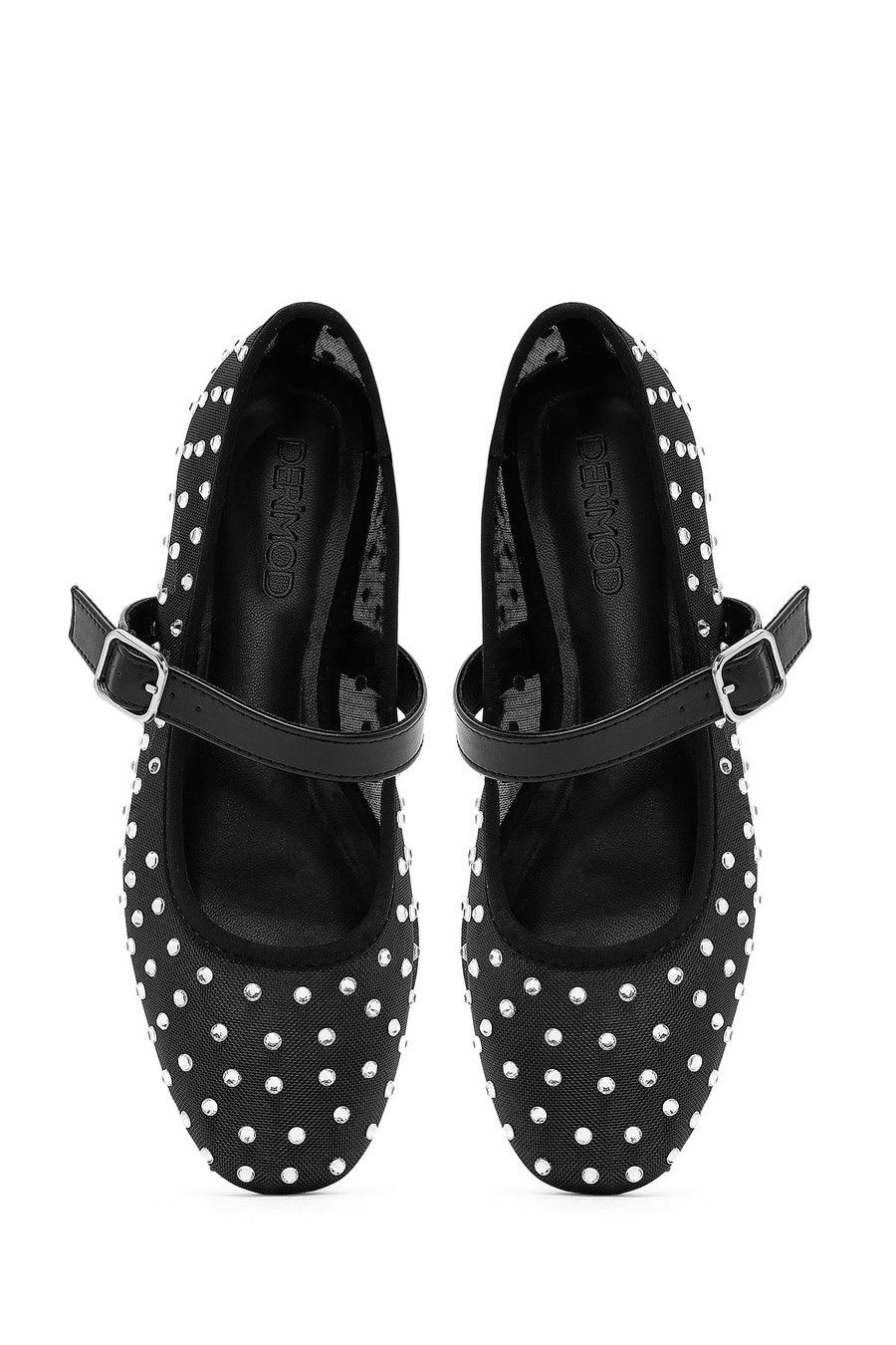 Women's Black Buckled Stone Fabric Ballerinas