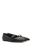 Women's Black Buckle Detailed Leather Ballerinas | Derimod