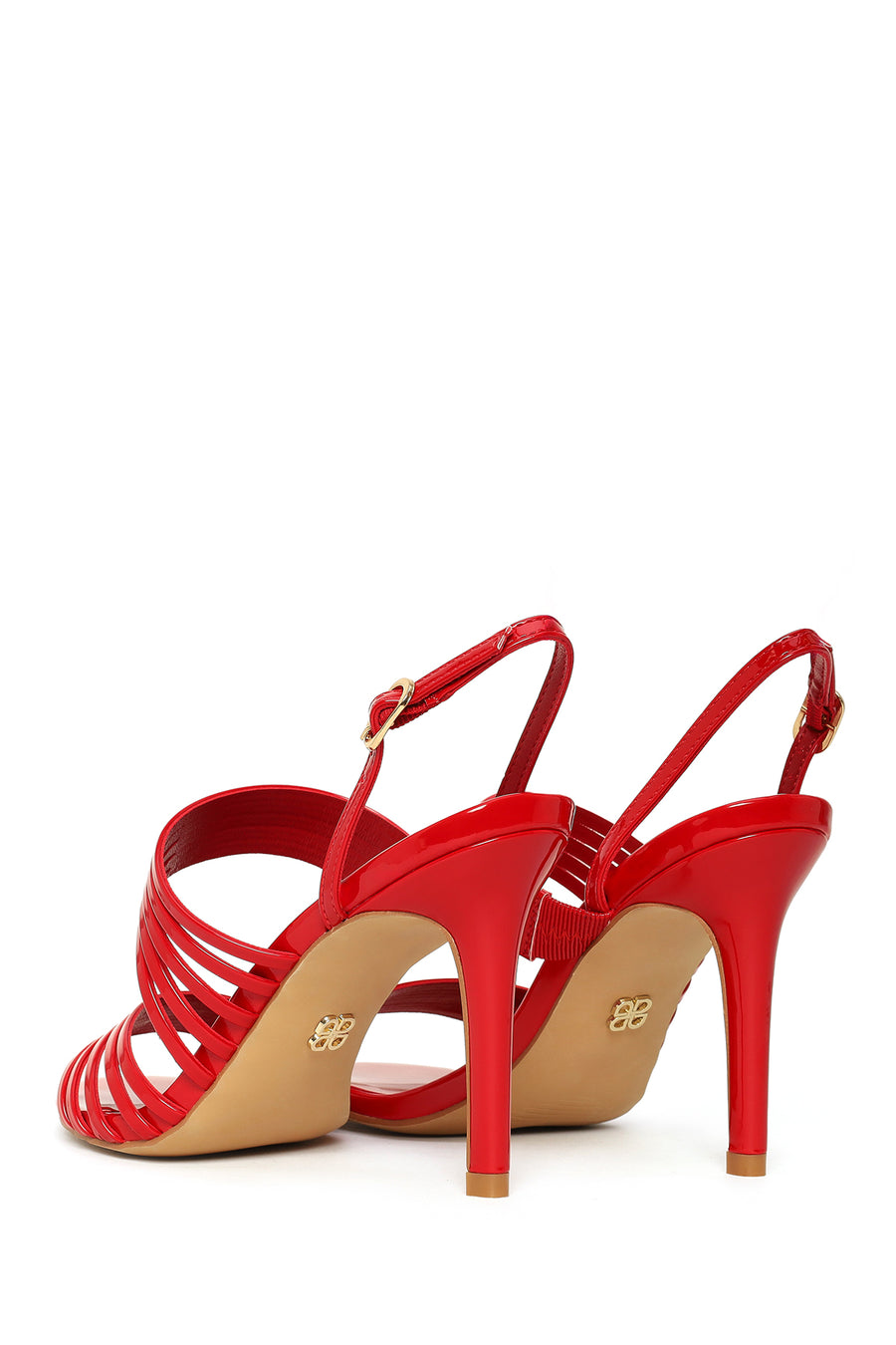 Woman Red Buckled Ankle Strap Slim High-Heeled Patent Leather Sandals