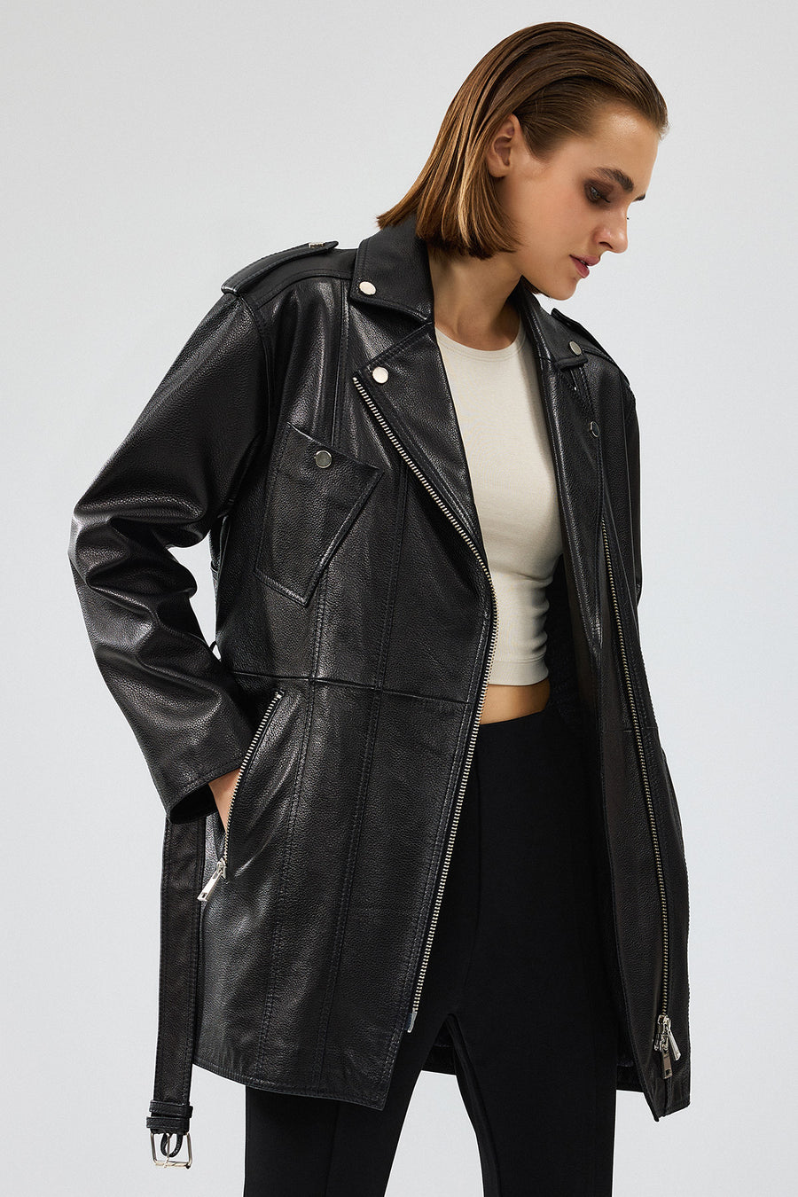 Venus Women's Black Double Breasted Leather Jacket