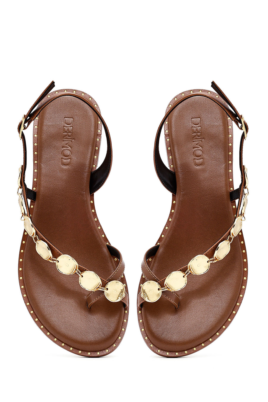 Women's Brown Metal Detailed Flip-Flop Leather Sandals