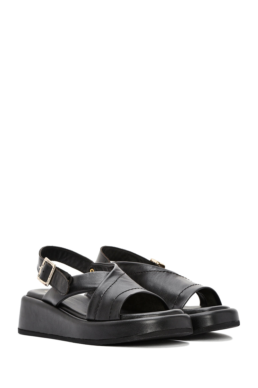 Women's Black Ankle Buckle Thick Soled Leather Sandals