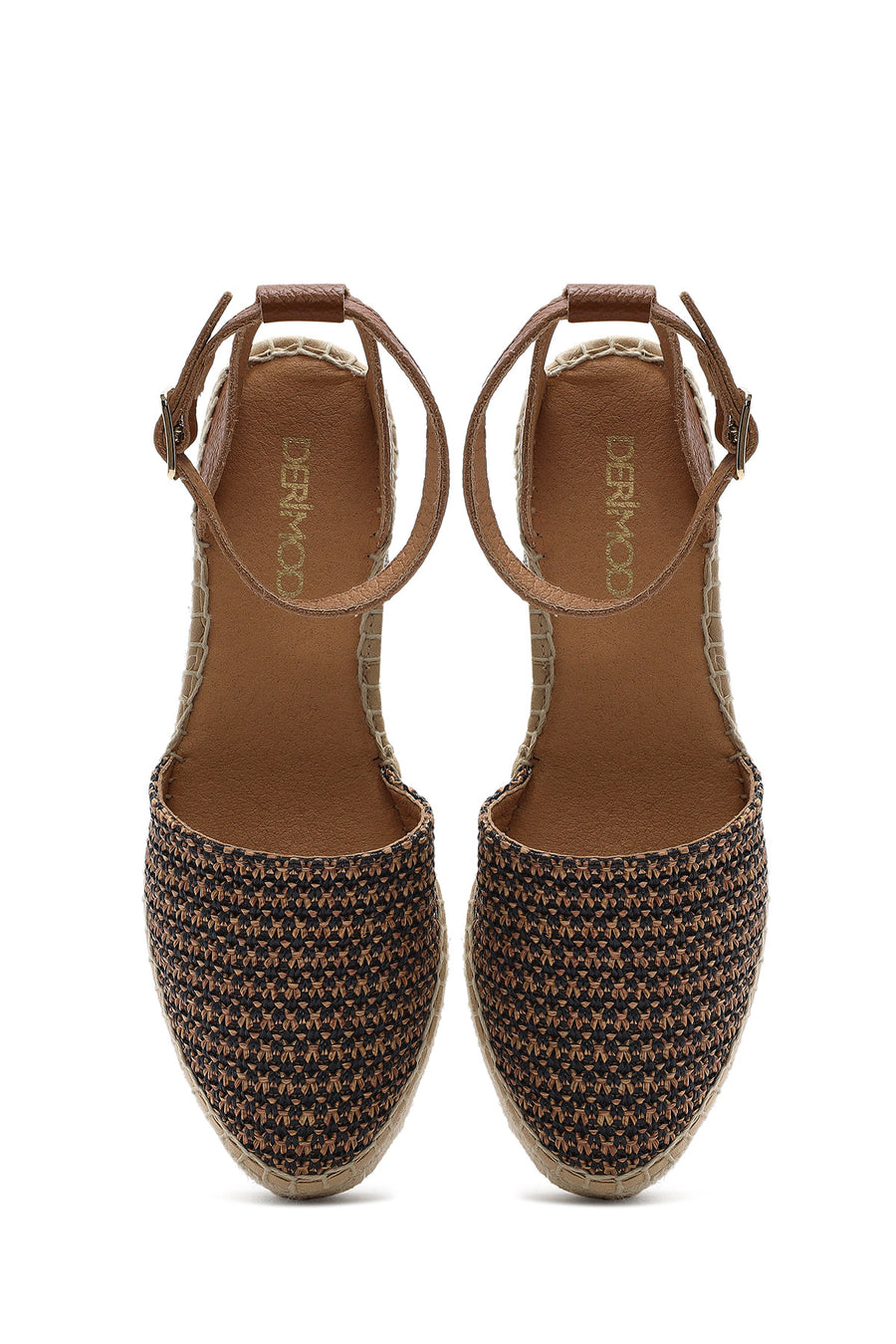 Women's Tan Ankle Buckle Wedge Heeled Straw Leather Espadrille Sandals