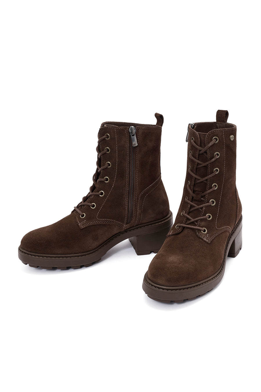 Women's Brown Zippered Thick Heel Nubuck Leather Boots