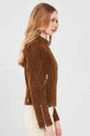 Grace Women's Brown Short Suede Leather Jacket | Derimod