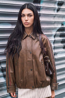 Nana Woman Brown Shirt-Collar Oversize Short Leather Jacket | Derimod