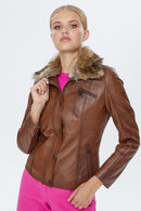 Belinda Women's Cognac Shearling Leather Jacket | Derimod